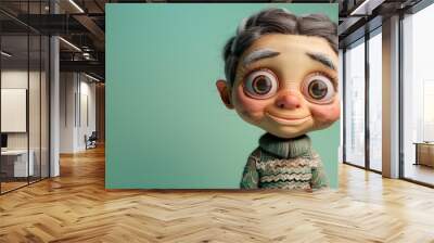 A cheerful cartoon old woman character with big eyes, wearing a cozy sweater, and showing a loving expression, 3D rendered with soft lighting on a mint green background. Wall mural