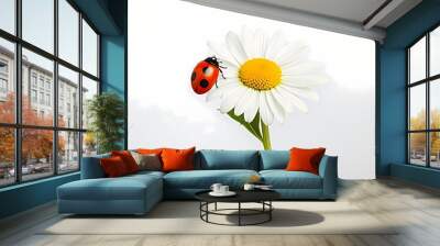 A cheerful daisy with a ladybug perched on one of its petals, isolated on white solid background Wall mural