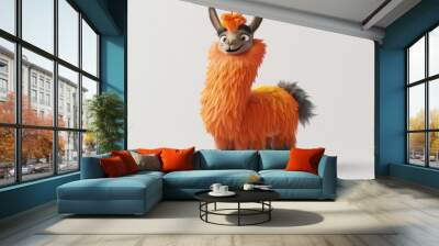 A cute 3D animated cartoon llama with a fluffy coat, on a white background, simple and colorful, digital art. Wall mural