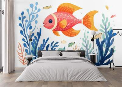 A minimalistic cartoon fish swimming among colorful coral reefs and sea plants, isolated on a white solid background Wall mural