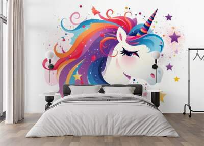 A minimalistic cartoon unicorn with colorful mane and tail, surrounded by sparkles and stars, isolated on a white solid background Wall mural