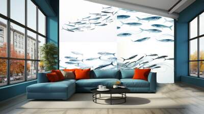 Elegant sardine shoal forming mesmerizing patterns in the open ocean, isolated on white solid background Wall mural