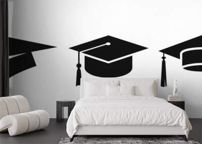 Graduation cap icon set. University or college graduation hat icons. Student graduation cap diploma vector illustration Wall mural