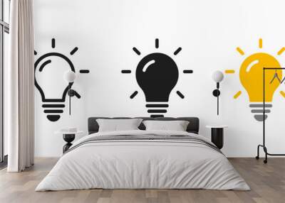 Light bulb with rays shine icon set. Idea symbol. Electric lamp, light, innovation, solution, creative thinking, electricity. Outline, flat, and colored symbol illustration. Wall mural