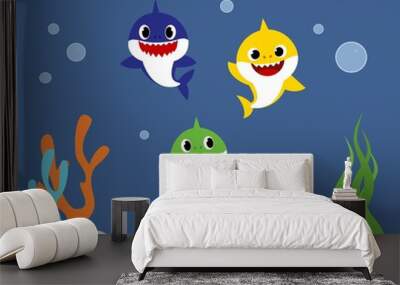 Shark cards. Birthday invite, happy child party in ocean style. Cartoon sharks characters. Wall mural