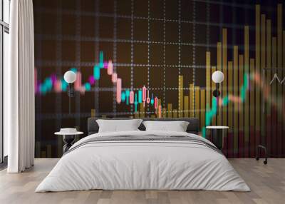  GLOBAL ECONOMY. FINANCIAL MARKET CANDLE GRAPHIC OVERLAYS WITH GROWING BAR GRAPH.  Wall mural