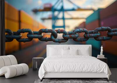 A broken chain is prominently displayed in foreground, symbolizing disruption in shipping container yard filled with colorful containers. scene evokes sense of urgency and complexities of logistics Wall mural