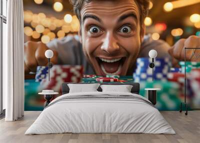 A close up of persons overjoyed face as they celebrate win at casino table, surrounded by colorful poker chips. Wall mural