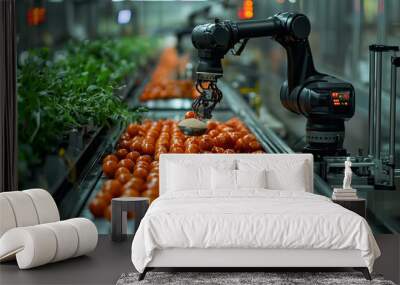 A robotic arm efficiently places ingredients, such as tomatoes, on conveyor belt in modern food processing facility. scene showcases advanced automation in agriculture, highlighting innovation and pro Wall mural