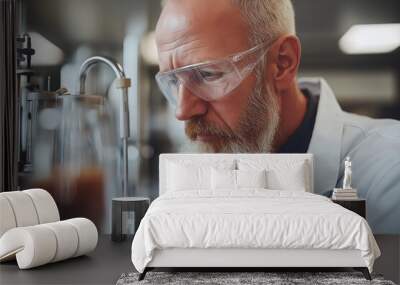 Focused scientist in lab coat and safety glasses, analyzing samples with precision and care, showcasing dedication to research and innovation Wall mural