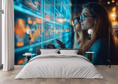 high tech workspace featuring two women analyzing data on multiple screens, showcasing graphs and digital interfaces. environment is modern and dynamic, reflecting focus on technology and analytics Wall mural