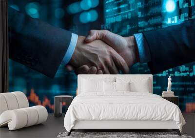 image captures professional handshake between two executives, symbolizing successful merger deal amidst backdrop of digital financial data. atmosphere conveys sense of collaboration and achievement Wall mural