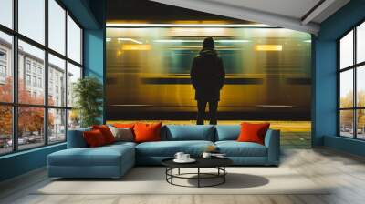 Silhouette of a man waiting for a train at the station Wall mural