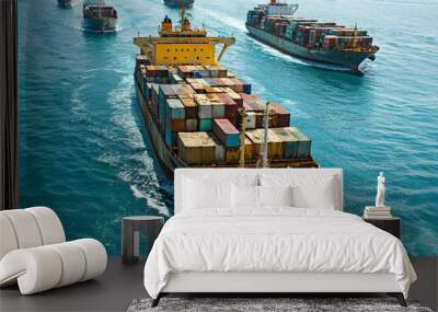 Stranded cargo ships navigate ocean, showcasing their colorful containers against vibrant blue water. scene captures essence of maritime trade and transportation Wall mural