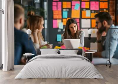 A group of people in small room in a business office, in the style of innovative Wall mural