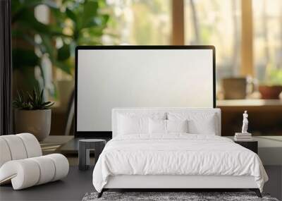 A white-screen laptop computer mockup on a wooden desk in a modern Wall mural