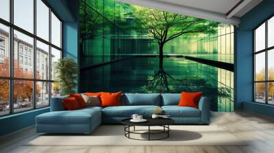 A wooden tree reflected in water by the glass windows in two glass buildings, in the style of light emerald Wall mural