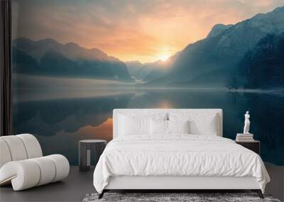 Image of a vibrant sunset over a serene lake, with colorful reflections shimmering on the water Wall mural