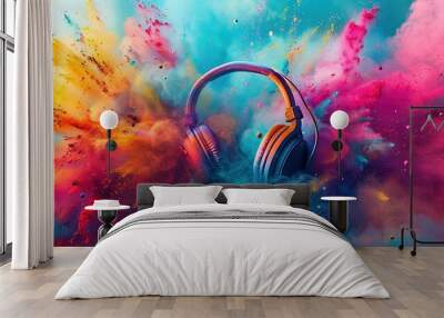 World music day banner with headphones on abstract colorful dust background. Music day event and musical instruments colorful design Wall mural