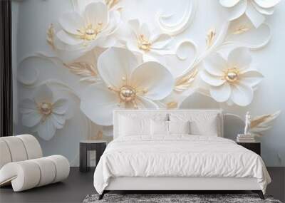 金色の花と渦巻きの3D白背景 Wall mural