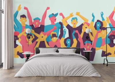 A vibrant crowd of diverse people cheering and celebrating together with raised arms. Wall mural