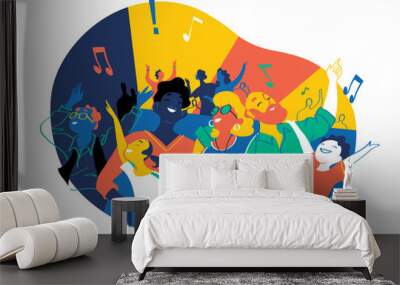 Group of people of different ages is happy to be together dancing and celebrating a special event. Happy family enjoy concert, music festival, party, show, performance, recital. Vector illustration Wall mural