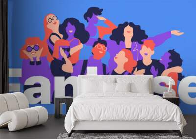 Happy young people on colored background standing behind the word Fanbase Wall mural