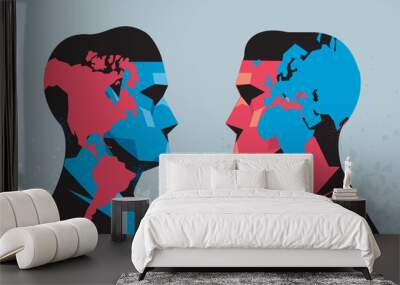 Two men in profile face each other, locking eyes. One represents America, the other symbolizes the rest of the world. These two adversaries confront each other in a global clash of diverse cultures. Wall mural