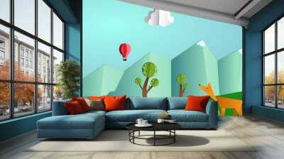 Paper pop up beautiful landscape - snow peaks, trees and fox. Wall mural