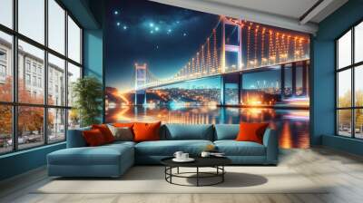 Istanbul bridge at night with crescent moon. Wall mural