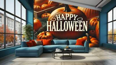 Spooky Halloween background featuring pumpkins, spider webs, and eerie atmosphere for festive decor Wall mural