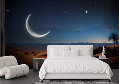 Ramadan Kareem desert at Night scene landscape. The starry sky on desert with camel, desert dune and crescent moon. Ai generative.
 Wall mural