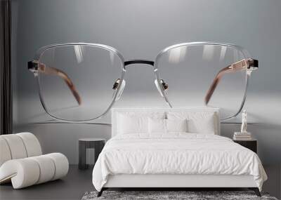 A photo of a pair of prescription eyeglasses. The glasses are new and have a stylish design. The background is a white wall. Wall mural