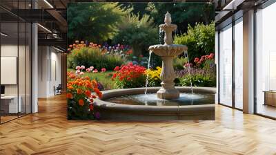 A peaceful garden with a bubbling fountain and vibrant flowers in full bloom. Wallpaper Wall mural