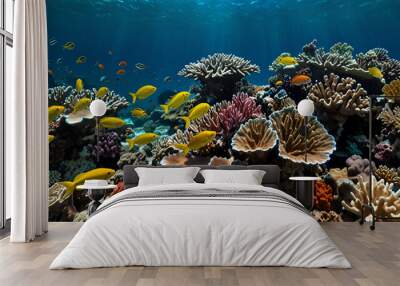 A vibrant coral reef, teeming with colorful fish and marine life. Background Wall mural