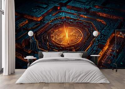 Geometric, glowing circuitry patterns forming a labyrinth.
 Wall mural