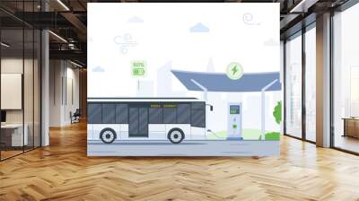 Minimalist vector illustration of electric bus charging at a futuristic station. Urban public transport scene with 60% charge indicator, city skyline, and green elements. Clean energy concept Wall mural