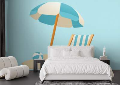 Vector illustration of Wooden Beach Chair, blue Umbrella, and Ball. Summer holiday on the beach vector illustration.Time to travel concept Wall mural