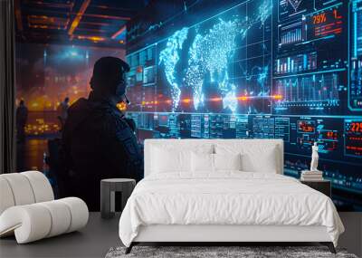 A digital security team coordinating a response to a cyber attack. Wall mural