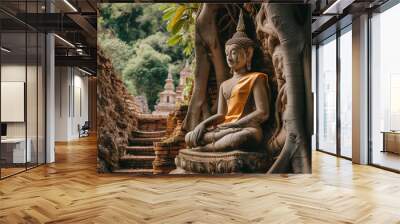 Ancient Buddha Statue Enshrined in Tree Roots Wall mural