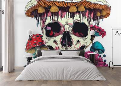 a skull with a red and green pattern with mushrooms Wall mural