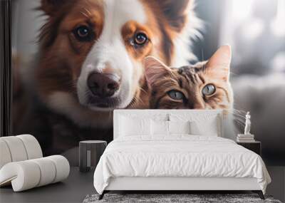 Cute adorable cat and dog together, generative ai. Wall mural