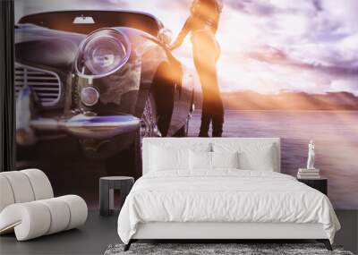 woman with muscle car, sunset, country road - 3d rendering Wall mural