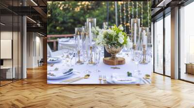 Romantic Wedding Table Top Layout Table Spread no people tropical location with gold cutlery white table cloth and scenic view of sunset with copy space tablescape, beautiful paradise setting Wall mural