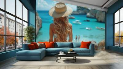 beautiful woman planning summer vacation abroad packing suitcase solo traveller preparing for trip Wall mural