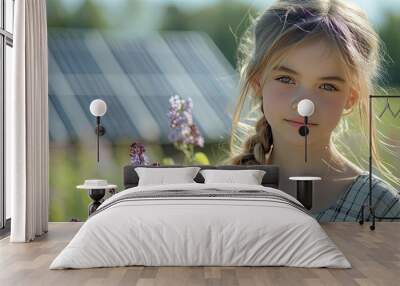 beautiful young girl with purple lilacs flower in hands young girl spending time outdoors in nature springtime house with solar panels in background Wall mural