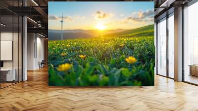 Photovoltaic and wind turbine installations near a landfill represent renewable energy sources and environmentally friendly technology. Wall mural