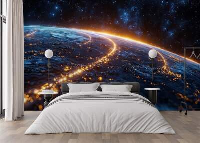 The earth with a glowing light trail around it, symbolizing futuristic communication and real-time data transmission. Wall mural