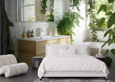 A bright, airy bathroom with an all-white palette, wooden vanity, and lush green plants. The minimalist design is complemented by soft natural lighting, Wall mural