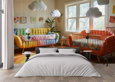 A bright and joyful nursery with rainbow wallpaper, colorful furniture in every shade, rainbow-themed bedding in the crib, playful cloud decor hanging from the ceiling, Wall mural